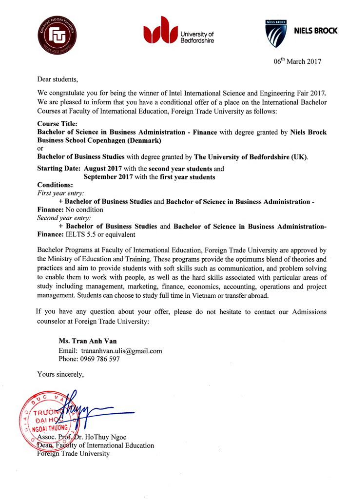 Foreign Trade University directly recruits students winning in Intel International Science and Engineering Fair 2017